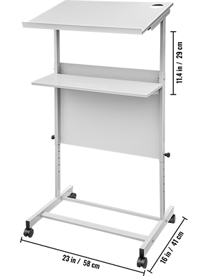 VEVOR stand up lectern with adjustable shelves and caster wheels for mobility.