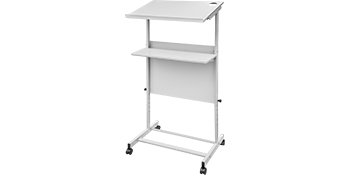 white VEVOR stand up lectern with adjustable shelves and rolling wheels.