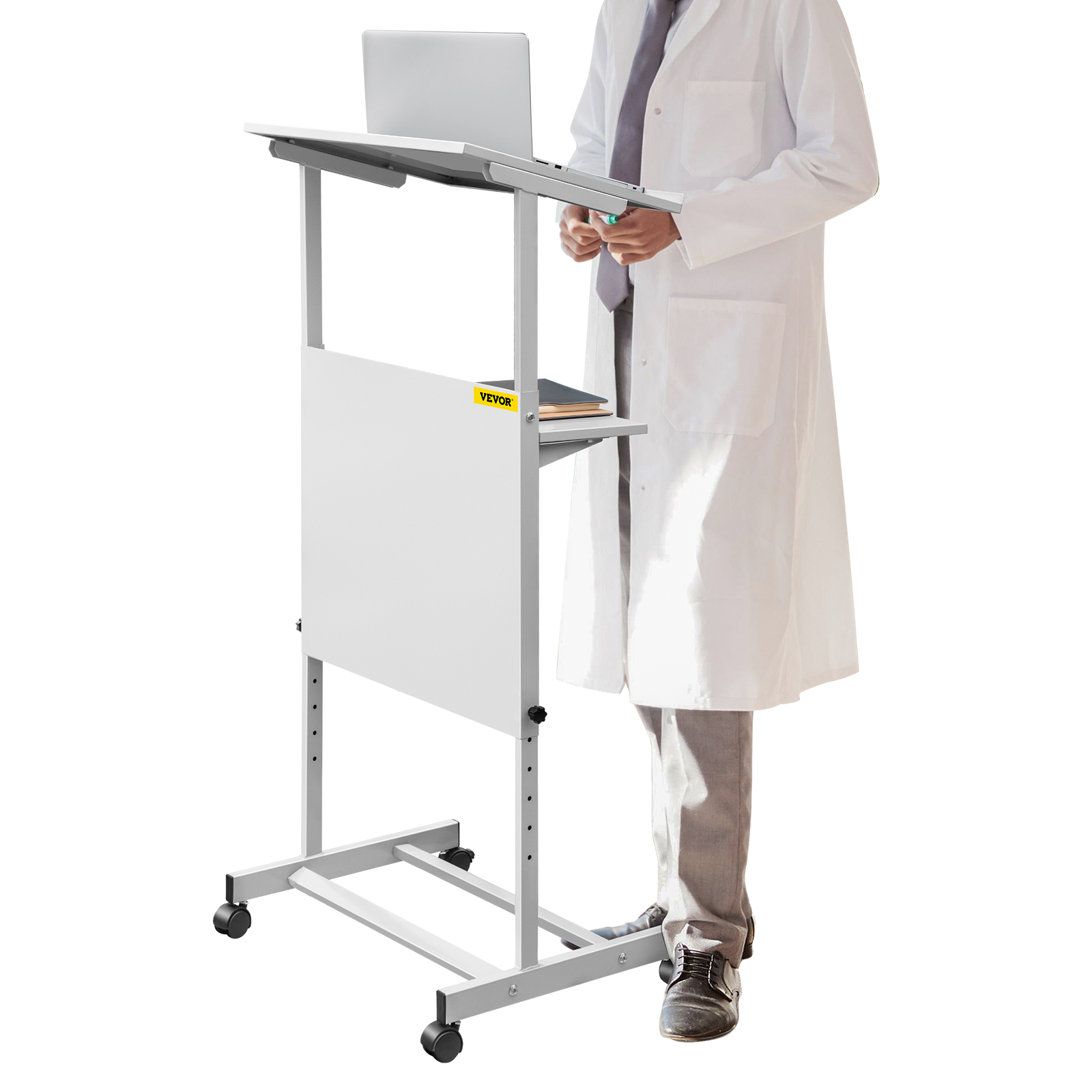 person in white coat using VEVOR stand up lectern with adjustable height and laptop.