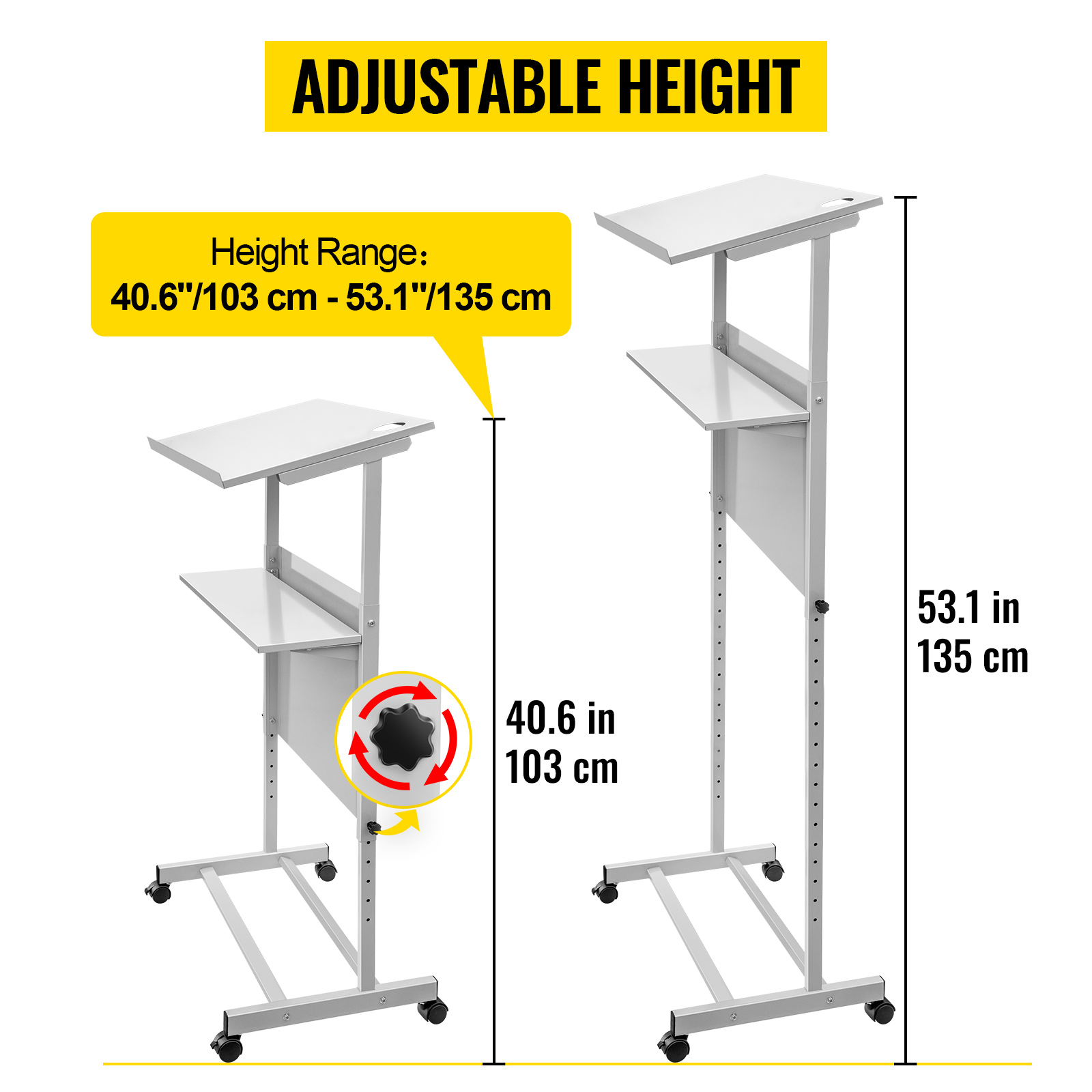 VEVOR stand up lectern with adjustable height from 40.6 inches to 53.1 inches.