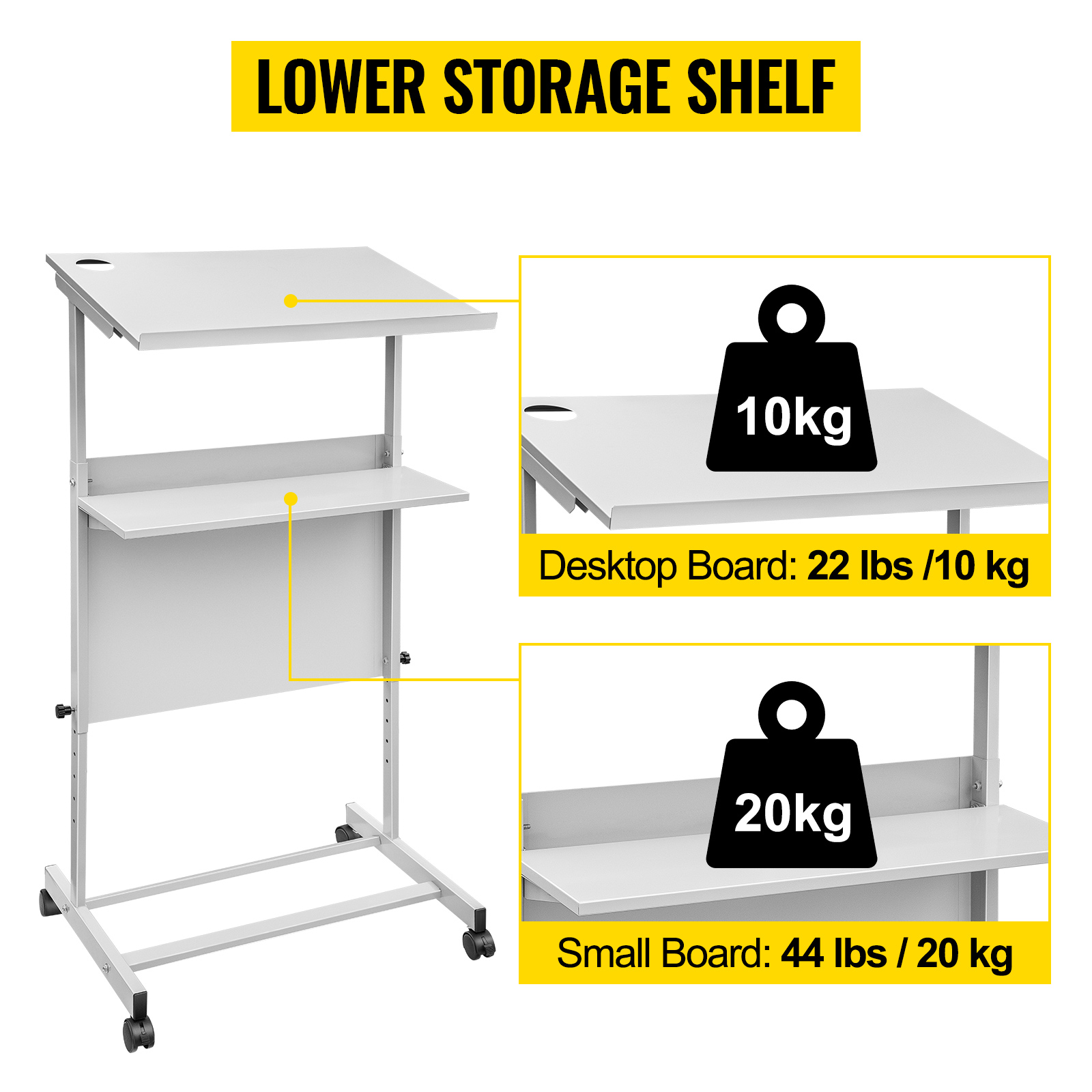 VEVOR stand up lectern with lower storage shelf, 22 lbs desktop, and 44 lbs small board.
