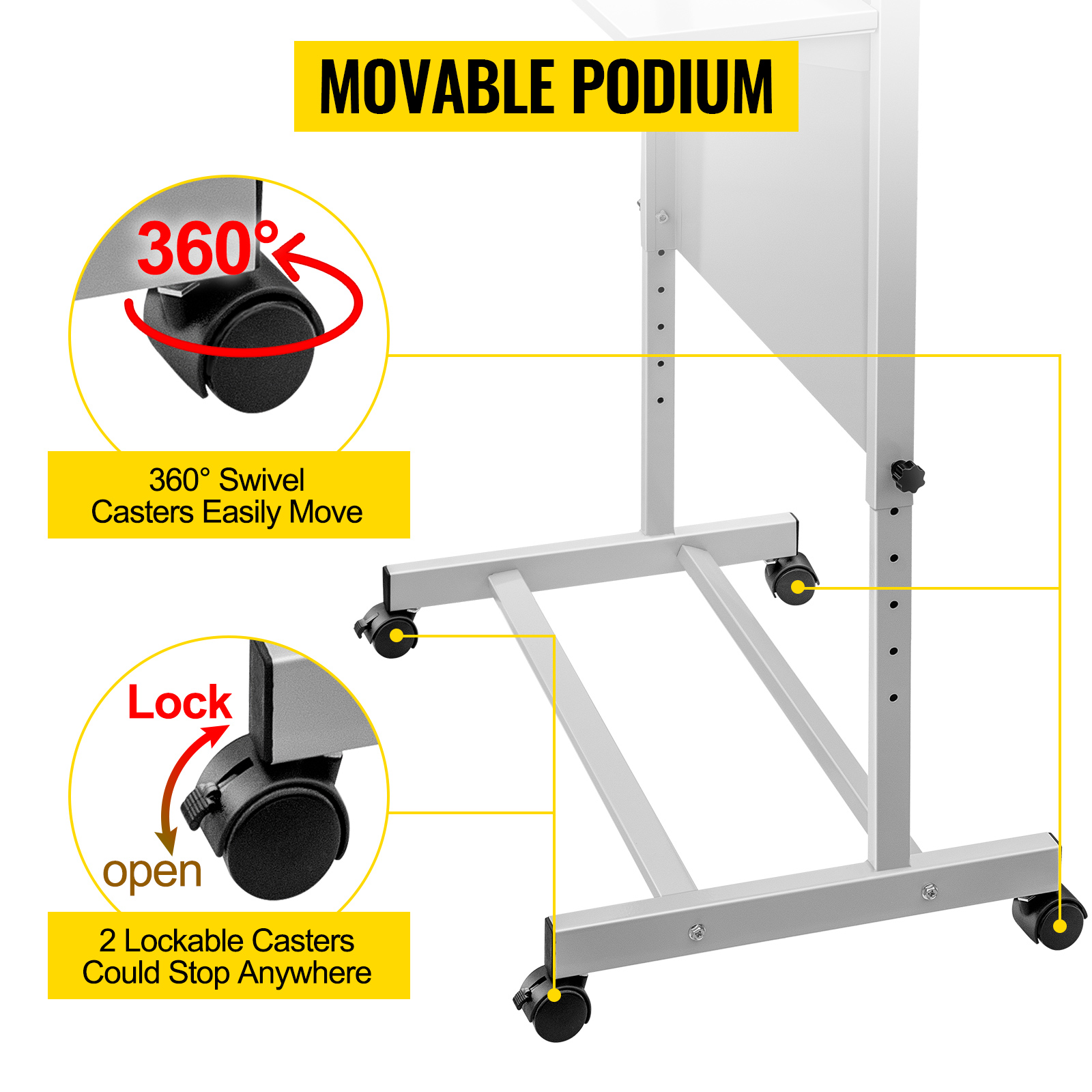 VEVOR stand up lectern with 360° swivel casters and 2 lockable wheels for easy mobility.