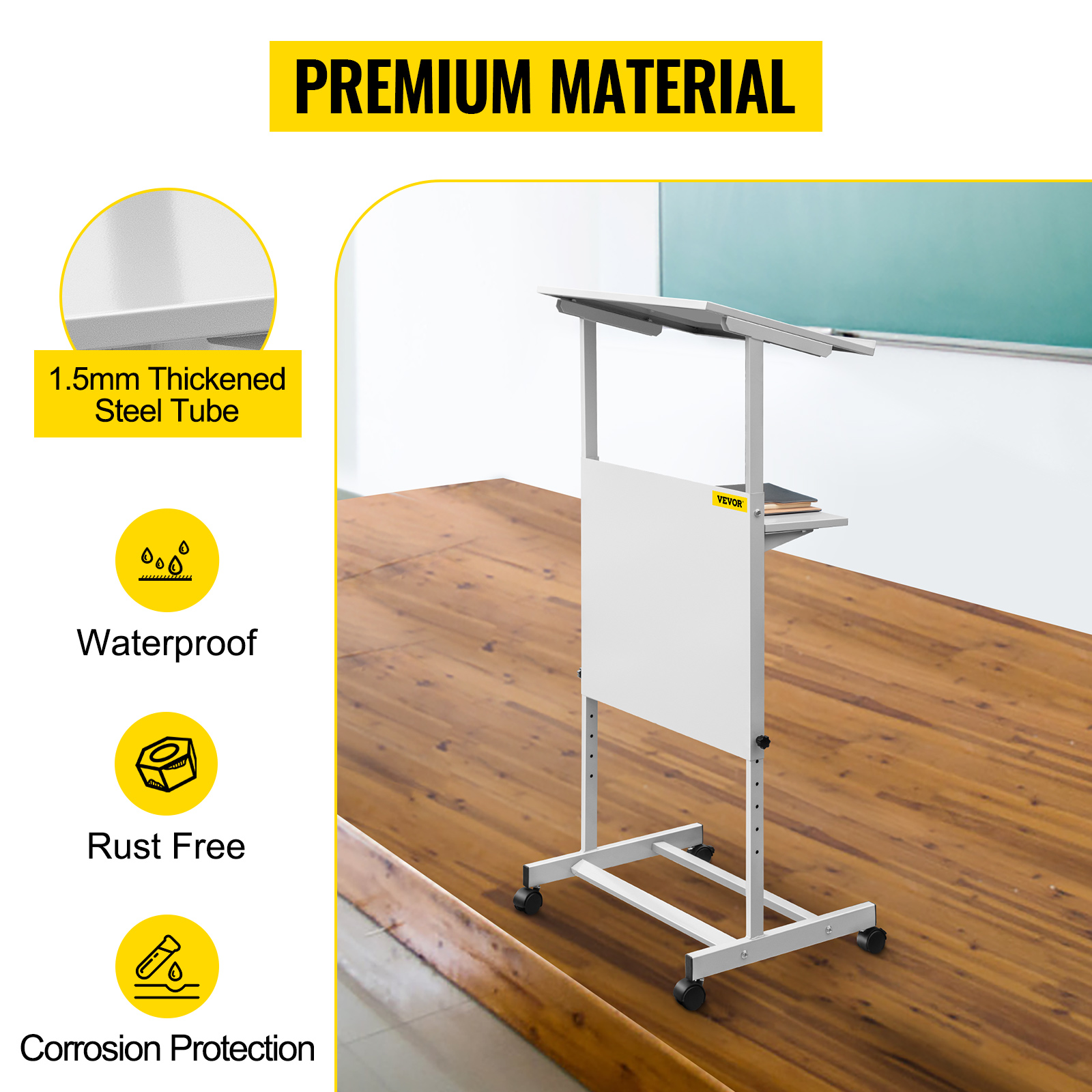 VEVOR stand up lectern with steel tube, waterproof, rust-free, and corrosion protection.