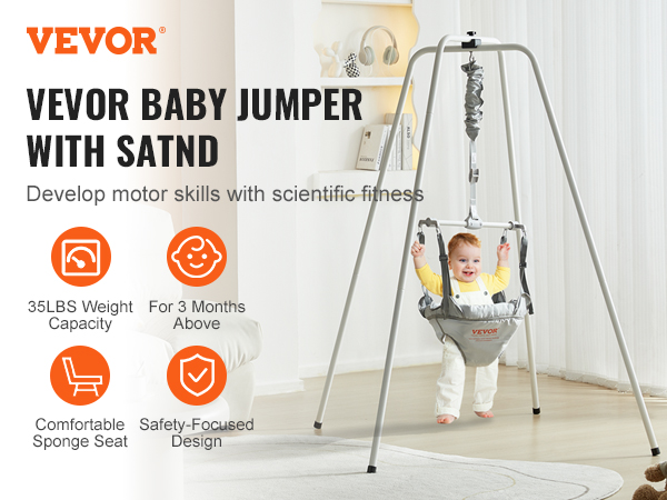 VEVOR baby jumper with stand, 35lbs capacity, for 3 months+, comfy sponge seat, safety-focused design.