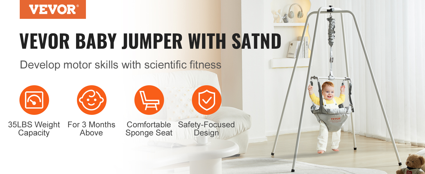 VEVOR baby jumper with stand, 35lbs capacity, for 3 months+, comfy sponge seat, safety-focused design.