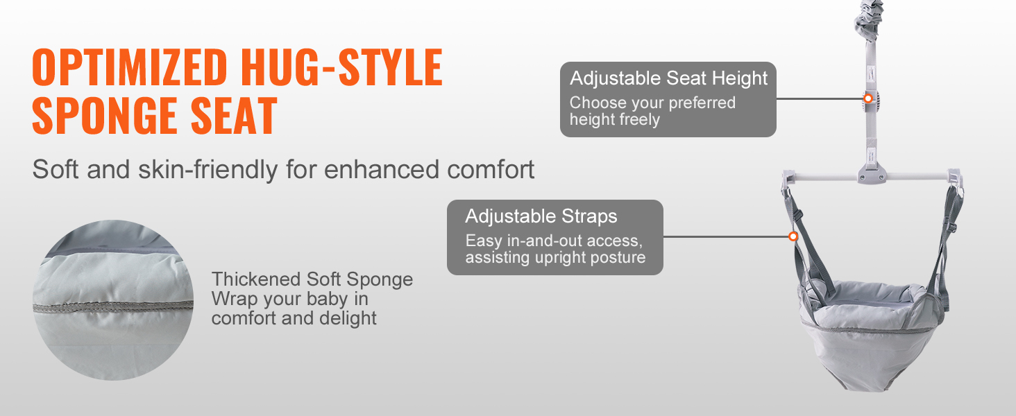 VEVOR baby jumper with adjustable straps and seat height, featuring a soft, skin-friendly sponge seat.