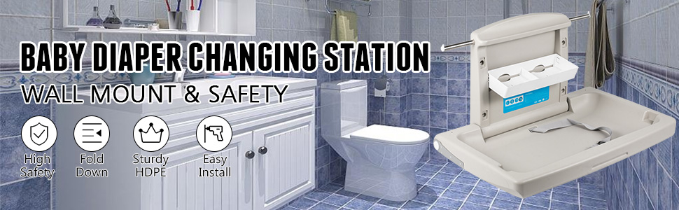 wall-mounted VEVOR baby changing table in a tiled bathroom with safety features icons.