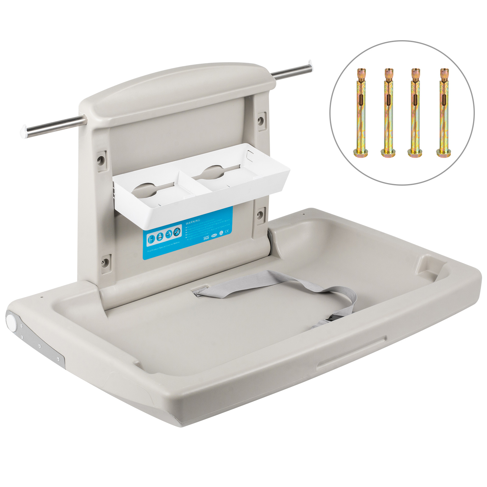VEVOR baby changing table with safety strap, storage tray, and mounting hardware.