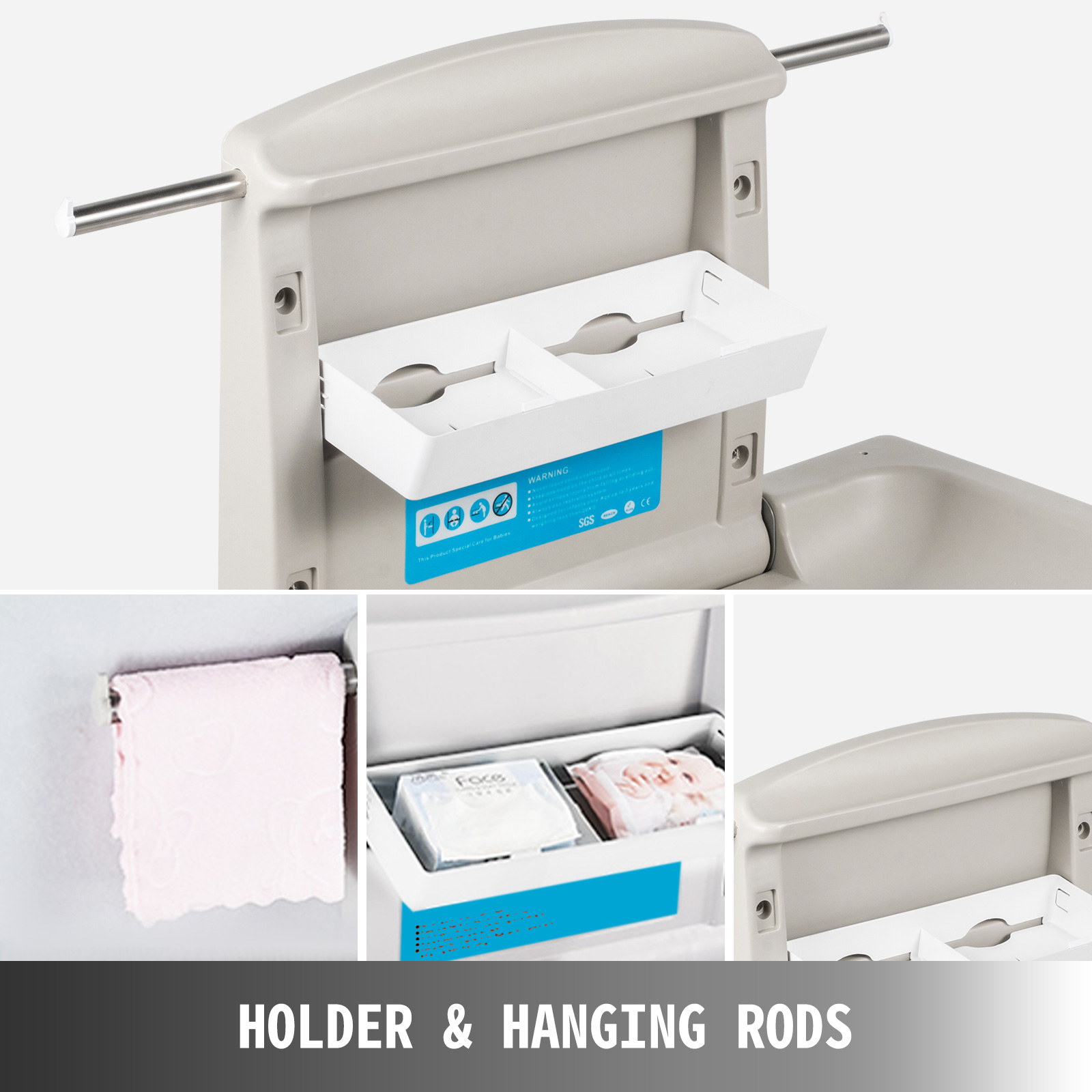 VEVOR baby changing table with holder and hanging rods for storage.