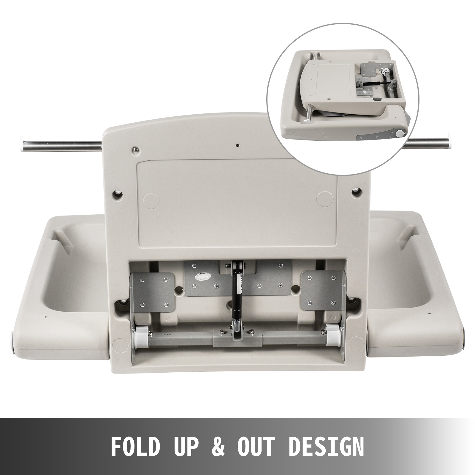 VEVOR baby changing table with fold-up design and internal mechanism close-up.
