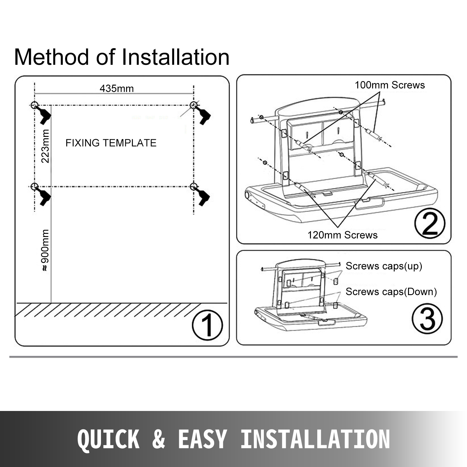 VEVOR baby changing table installation guide showing screw placement and distances.