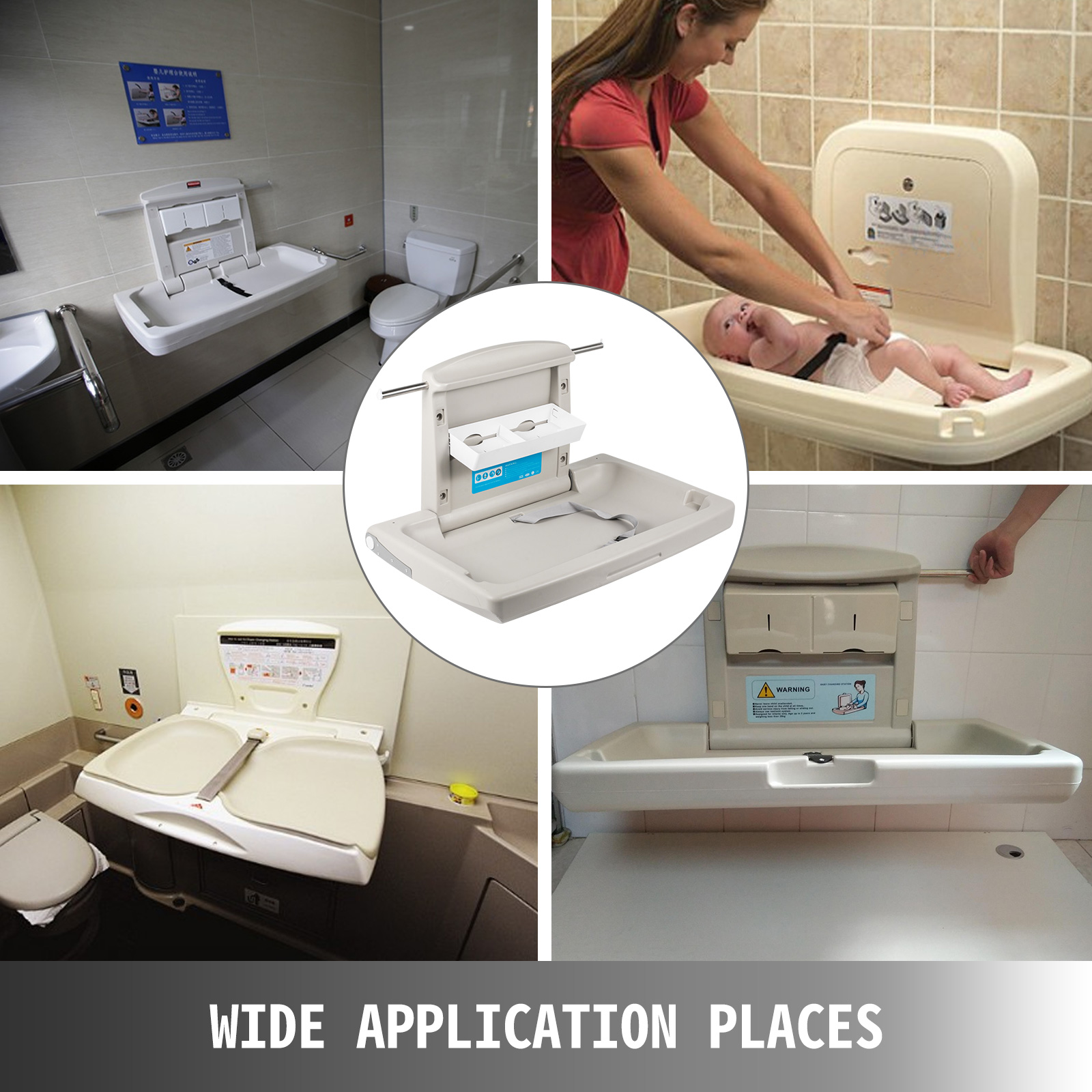 VEVOR baby changing table in various settings, highlighting its wide application.
