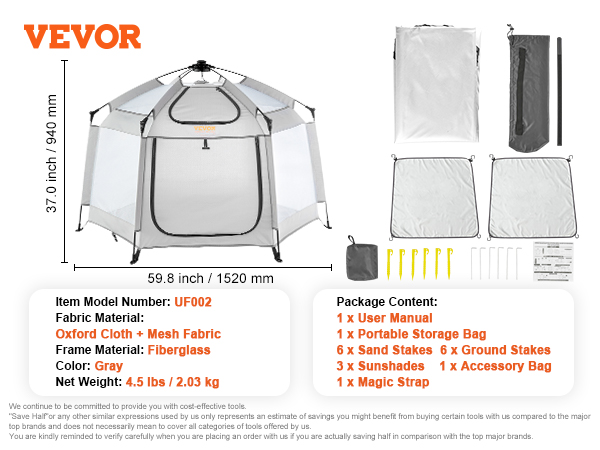 VEVOR baby playpen, gray, measures 59.8 x 37 inches. includes storage bag, stakes, sunshades, and manual.