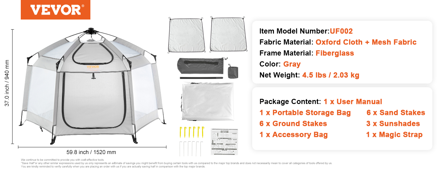 VEVOR baby playpen, gray, measures 59.8 x 37 inches. includes storage bag, stakes, sunshades, and manual.