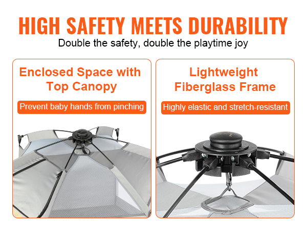 VEVOR baby playpen with canopy and lightweight fiberglass frame ensures safety and durability.