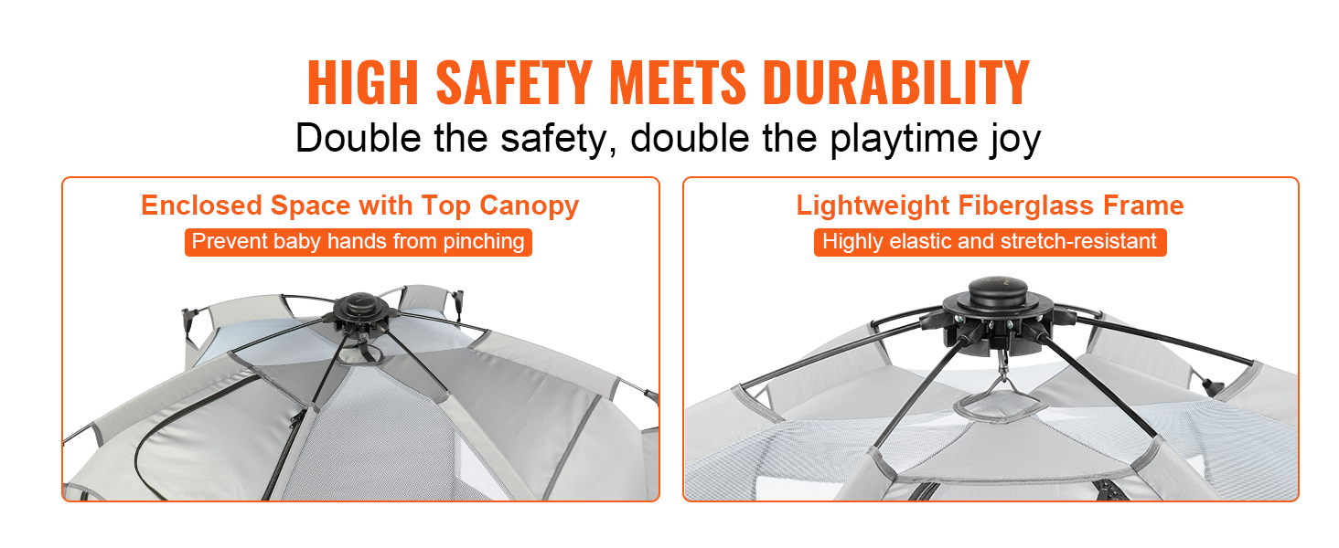 VEVOR baby playpen with canopy and lightweight fiberglass frame ensures safety and durability.
