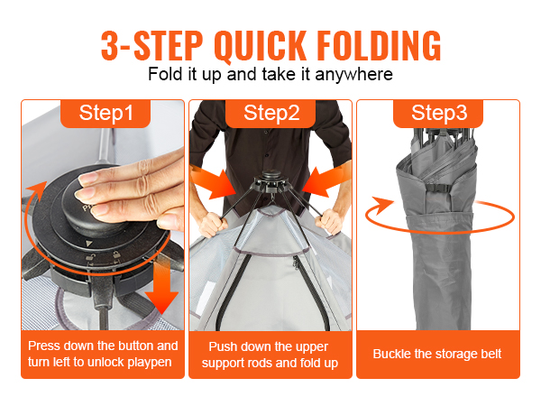 3-step quick folding guide for VEVOR baby playpen: unlock, fold up, and buckle the storage belt.