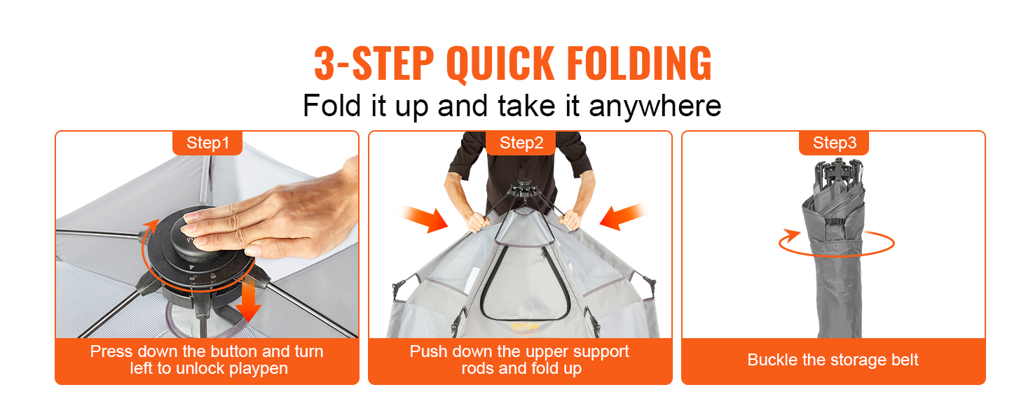 3-step quick folding guide for VEVOR baby playpen: unlock, fold up, and buckle the storage belt.