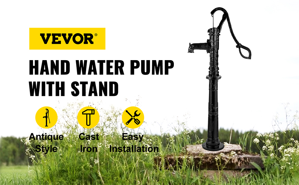 VEVOR hand water pump with stand in a grassy field. antique style, cast iron, easy installation.