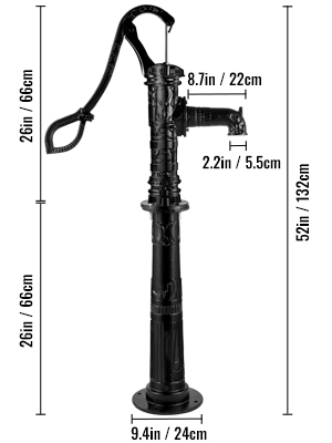 VEVOR hand water pump with measurement indicators for height, handle, and spout.