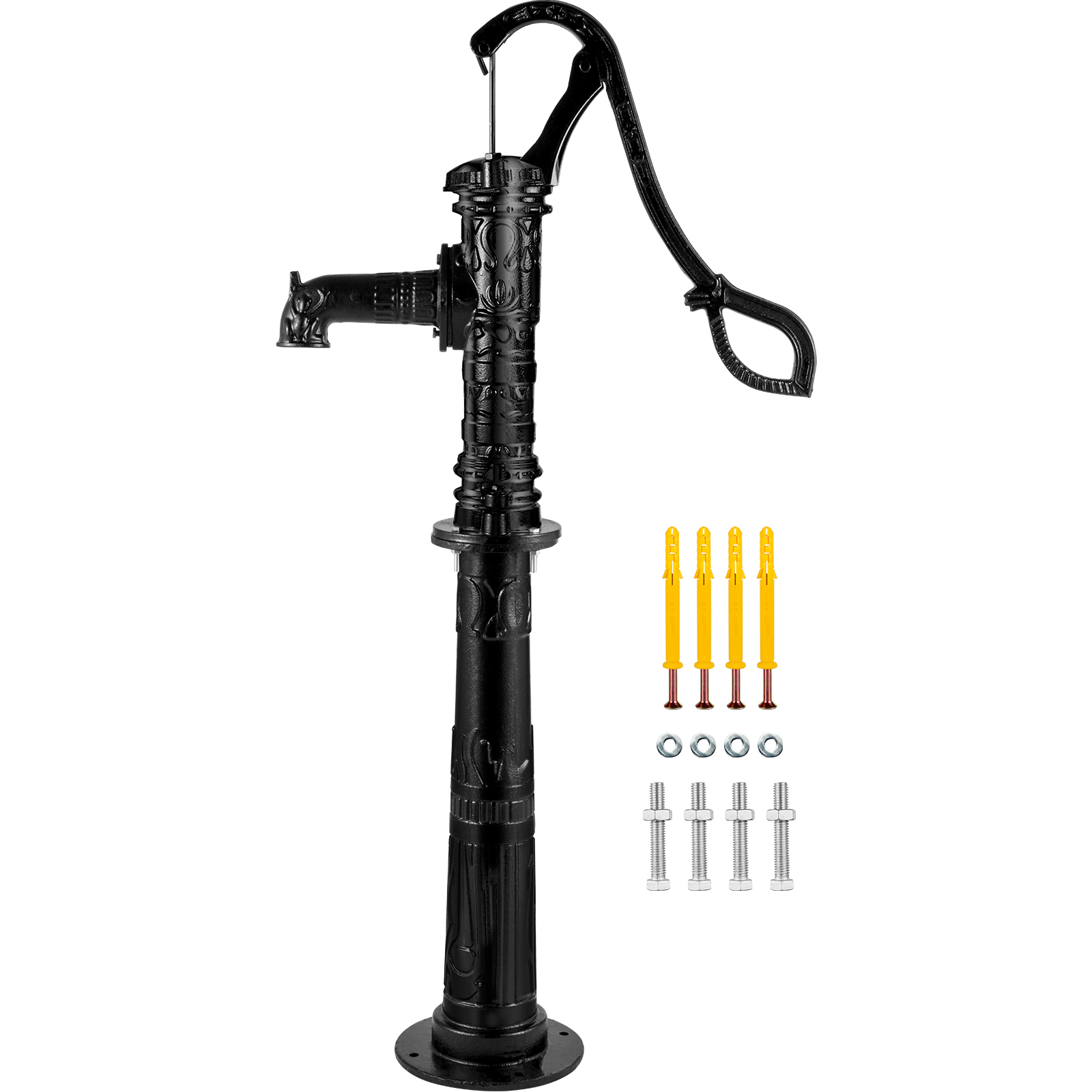 black VEVOR hand water pump with installation accessories.