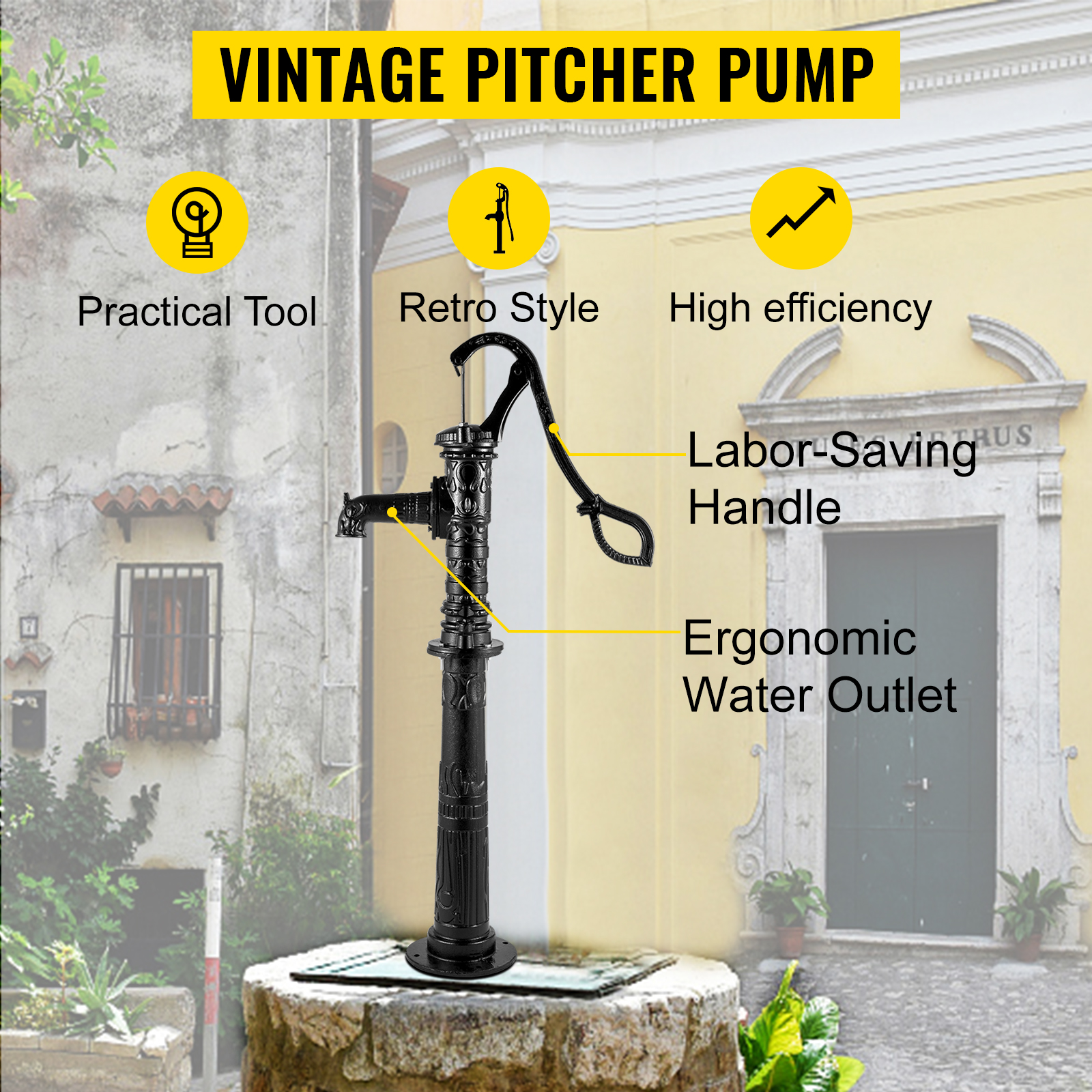 VEVOR hand water pump with labor-saving handle and ergonomic water outlet, retro style.