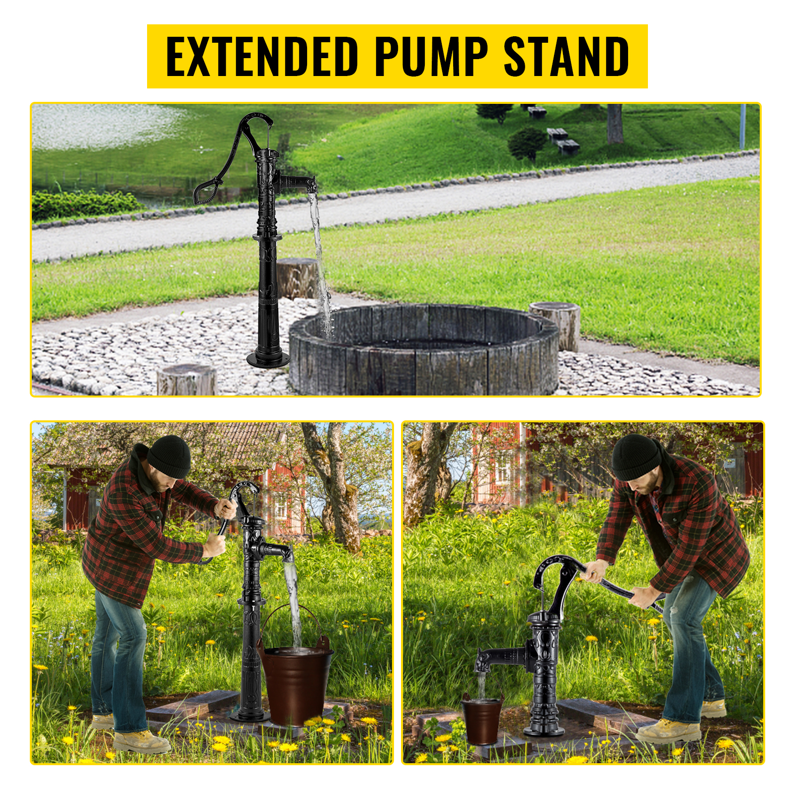 VEVOR hand water pump with extended stand in a garden setting, shown in multiple views.
