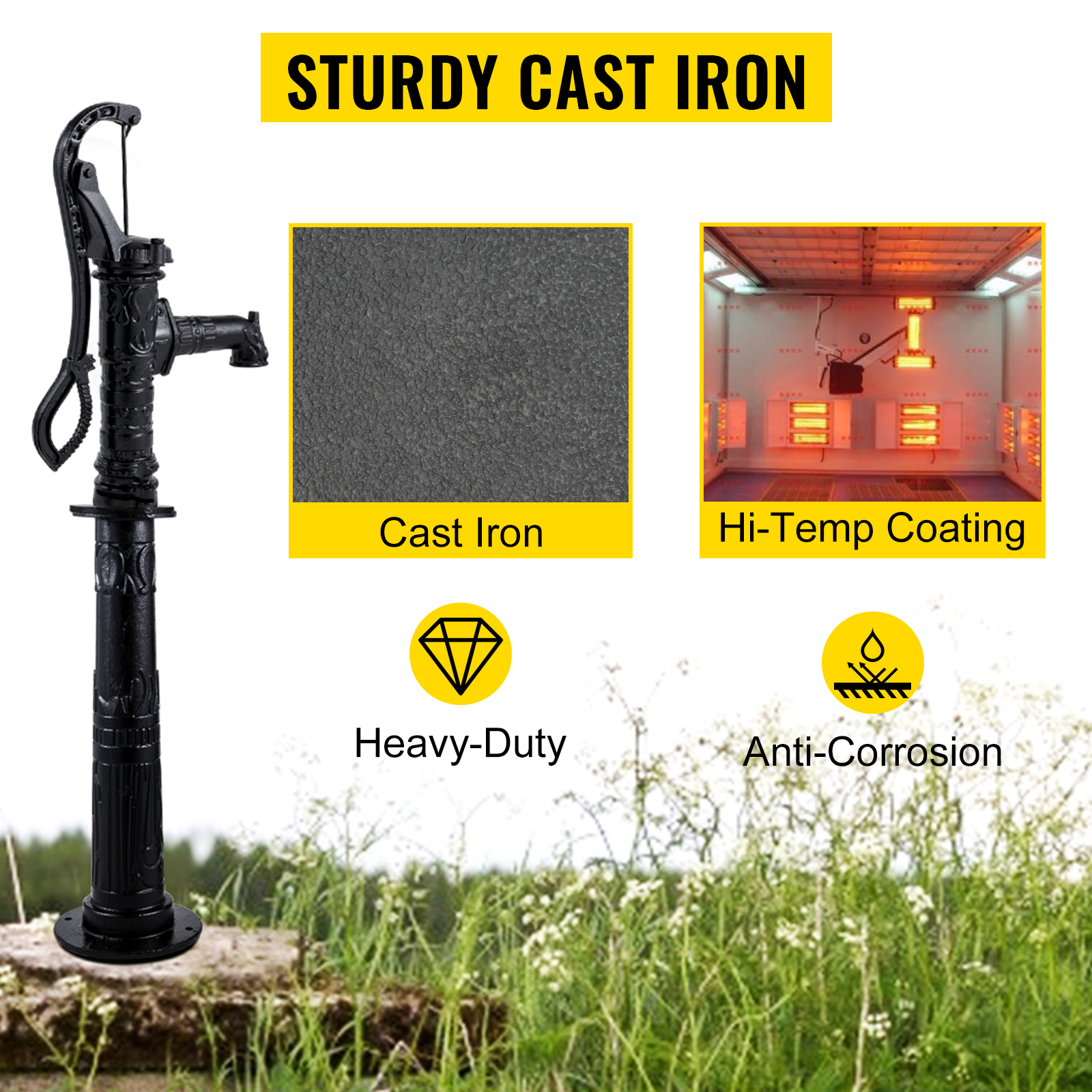 VEVOR hand water pump made of heavy-duty cast iron with hi-temp anti-corrosion coating.