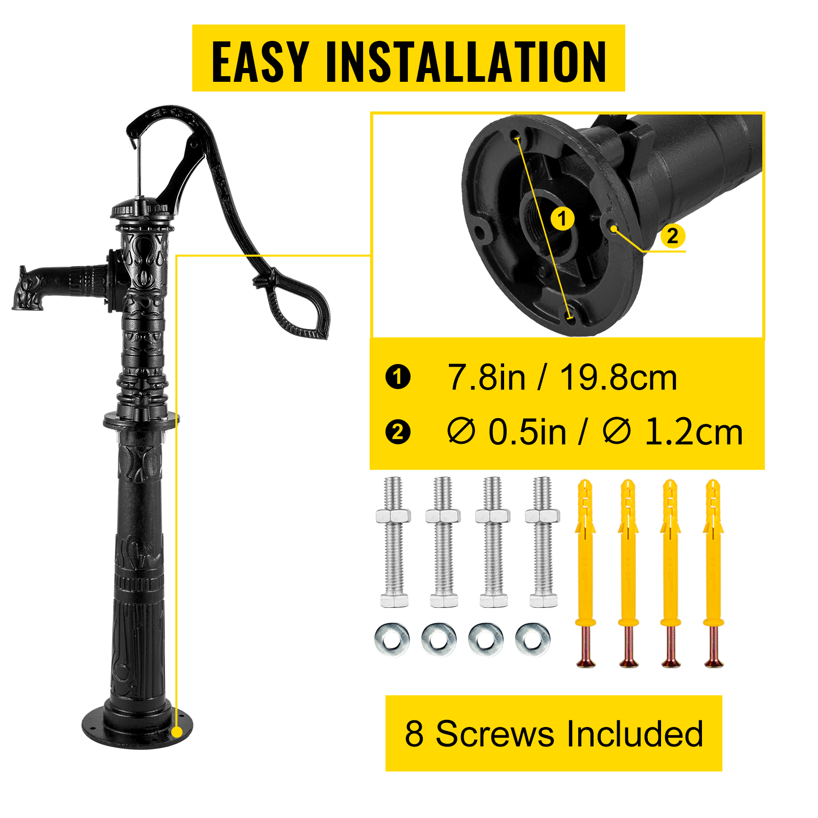 VEVOR hand water pump with easy installation guide and included screws.