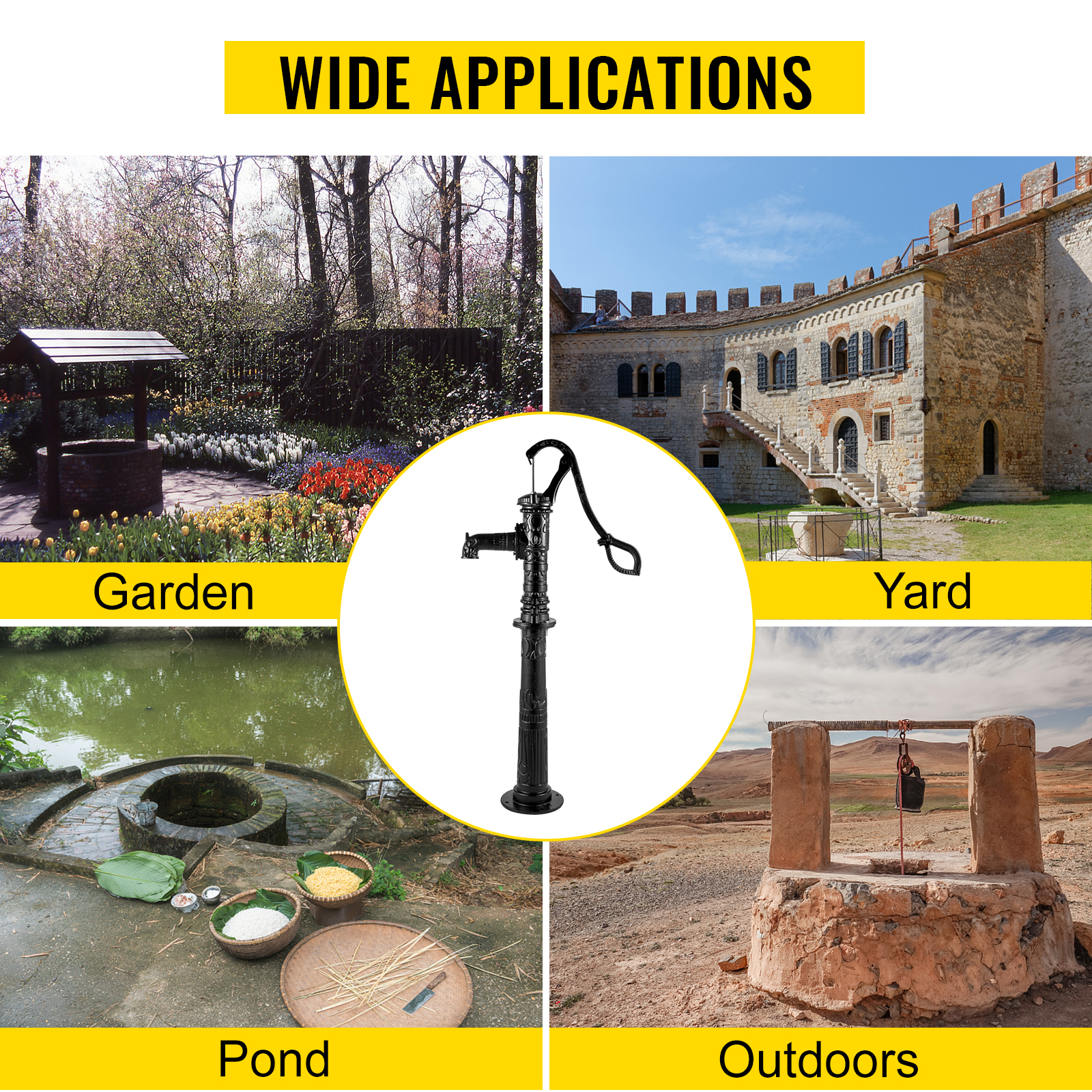 VEVOR hand water pump for garden, yard, pond, and outdoor use. wide applications.