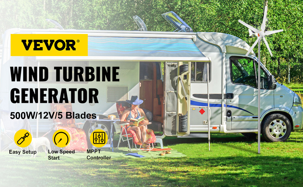 VEVOR wind turbine generator by camper van with people sitting outside.