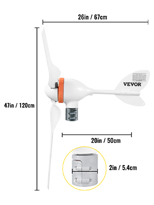 VEVOR wind turbine generator with dimensions and close-up of the 2in/5.4cm part.