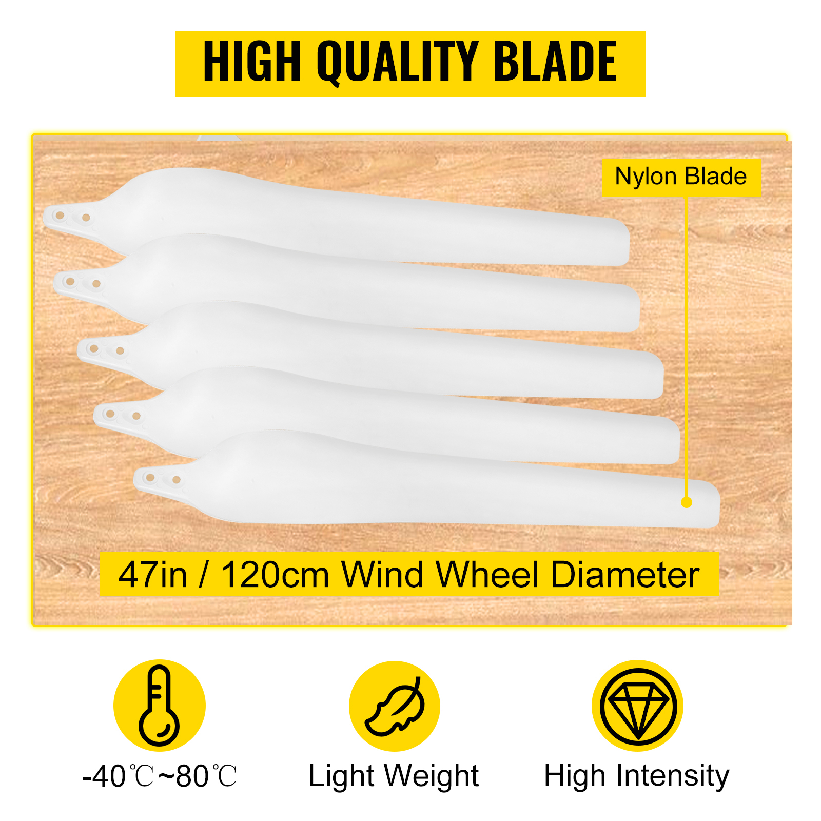 VEVOR wind turbine generator, 47in nylon blades, lightweight, high intensity.