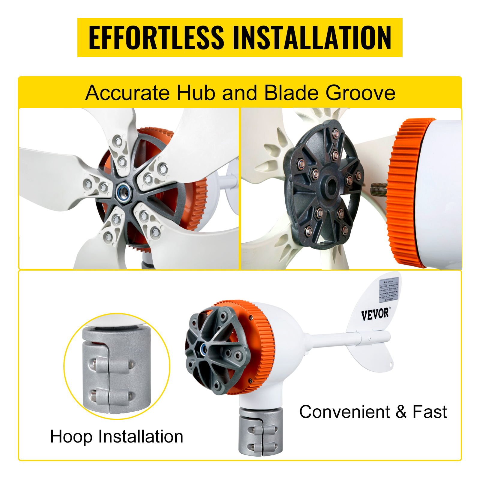 effortless installation of VEVOR wind turbine generator with accurate hub and blade groove.