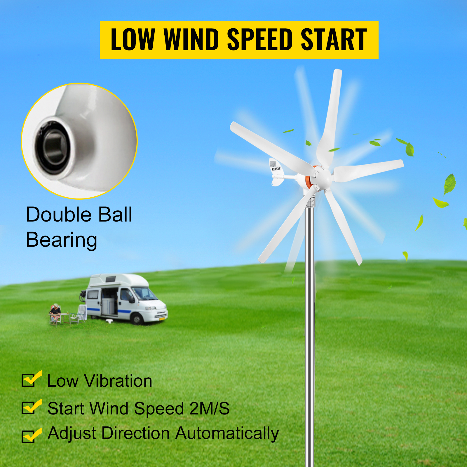 VEVOR wind turbine generator with low wind speed start, double ball bearing.
