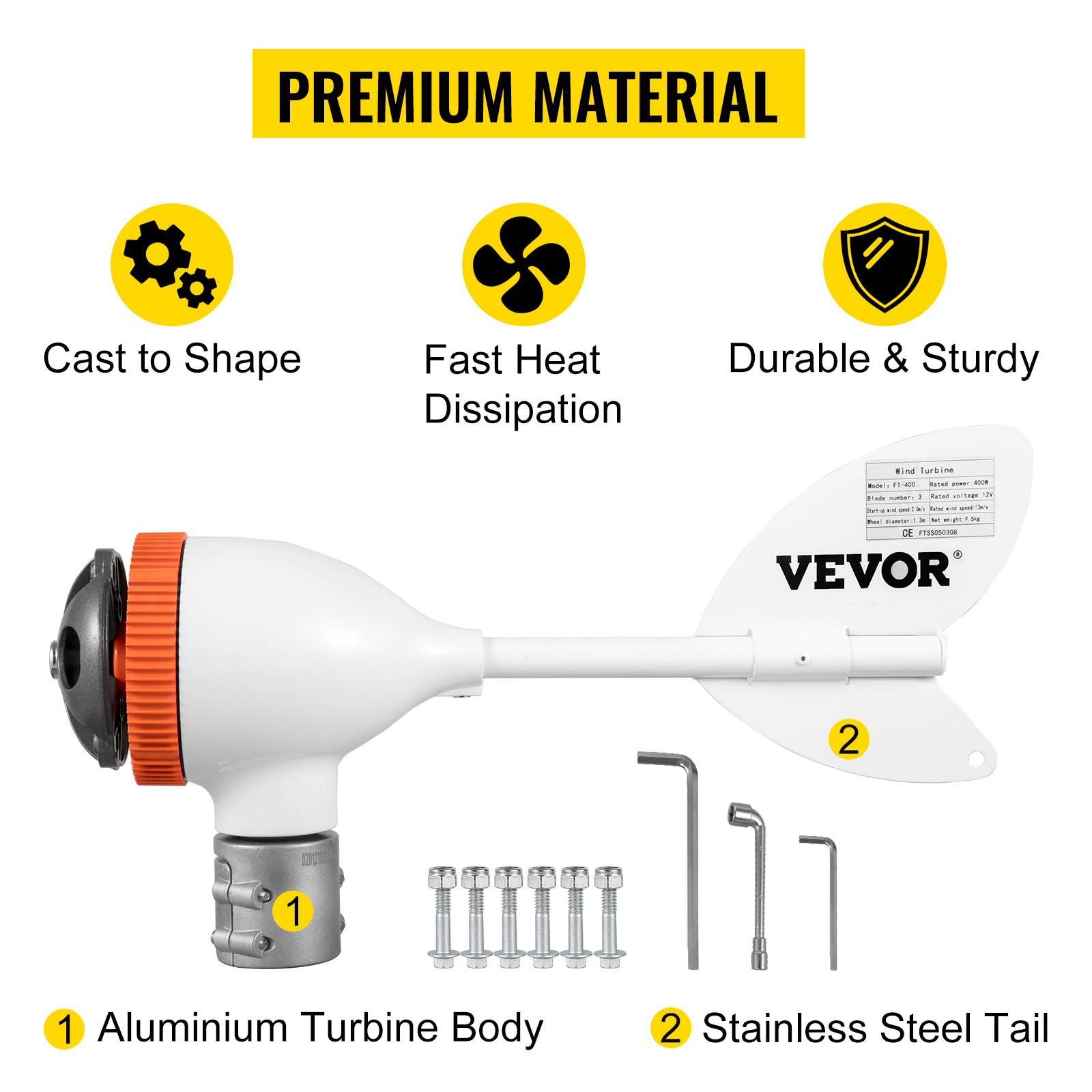 VEVOR wind turbine generator parts, aluminum body, stainless steel tail, fast heat dissipation.