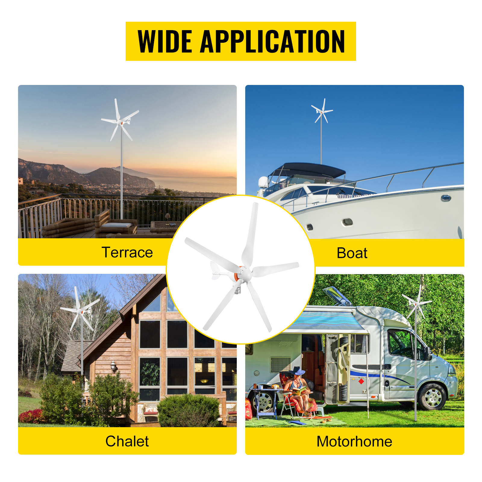 VEVOR wind turbine generator for terrace, boat, chalet, and motorhome use.