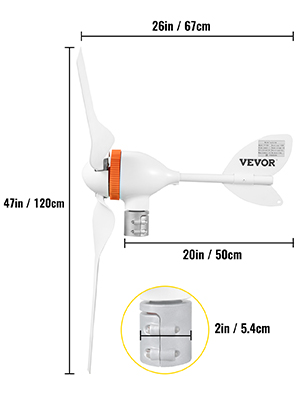 VEVOR vēja turbīnu ģenerators ar marķētiem izmēriem lāpstiņām un korpusam.