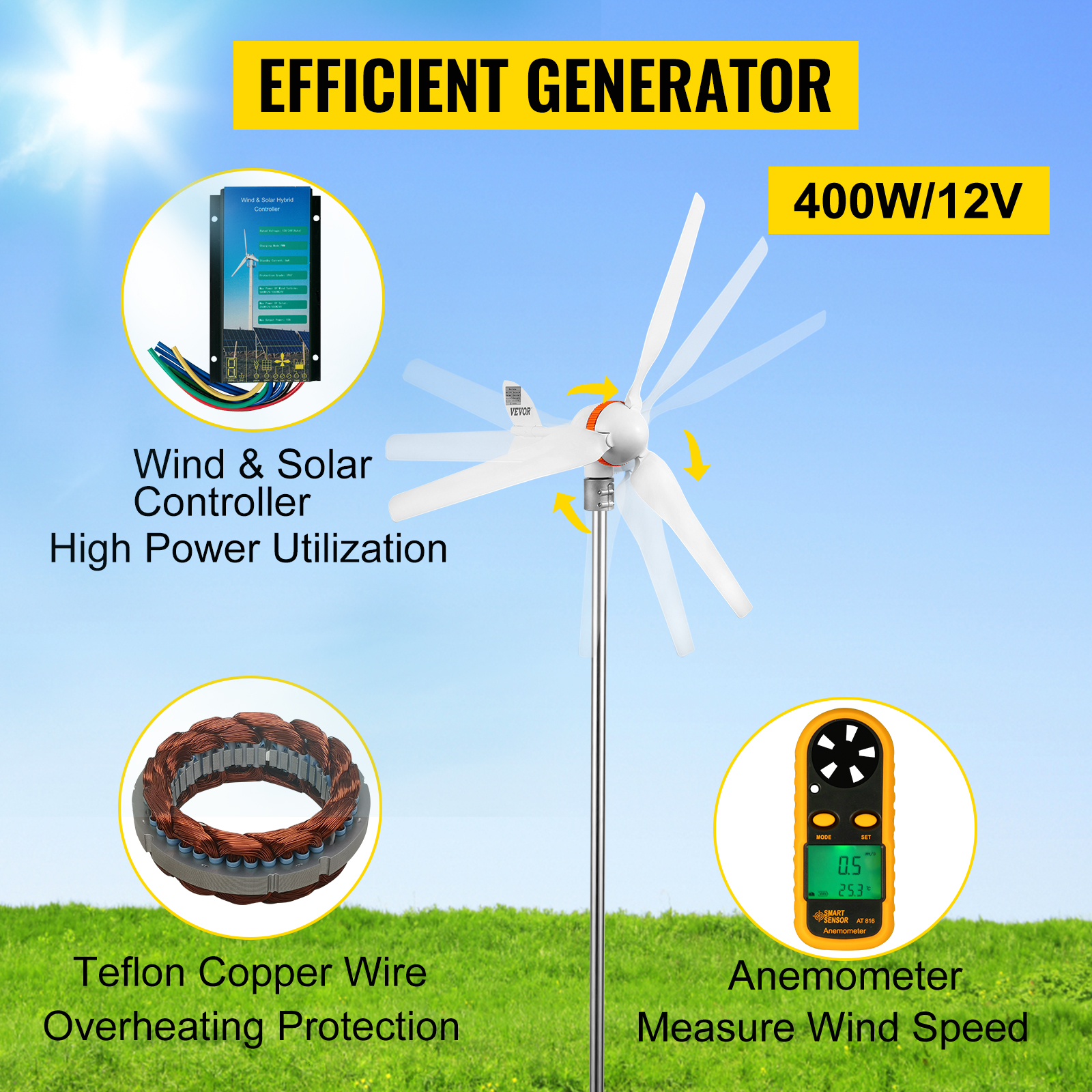 VEVOR vēja turbīnu ģenerators 400w/12v ar kontrolieri, teflona vara vadu, anemometru