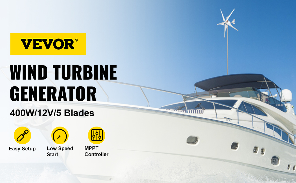 VEVOR vēja turbīnu ģenerators uz jahtas, 400 W/12 V, izceļas ar vienkāršu uzstādīšanu, lēnu iedarbināšanu un MPPT kontrolieri.