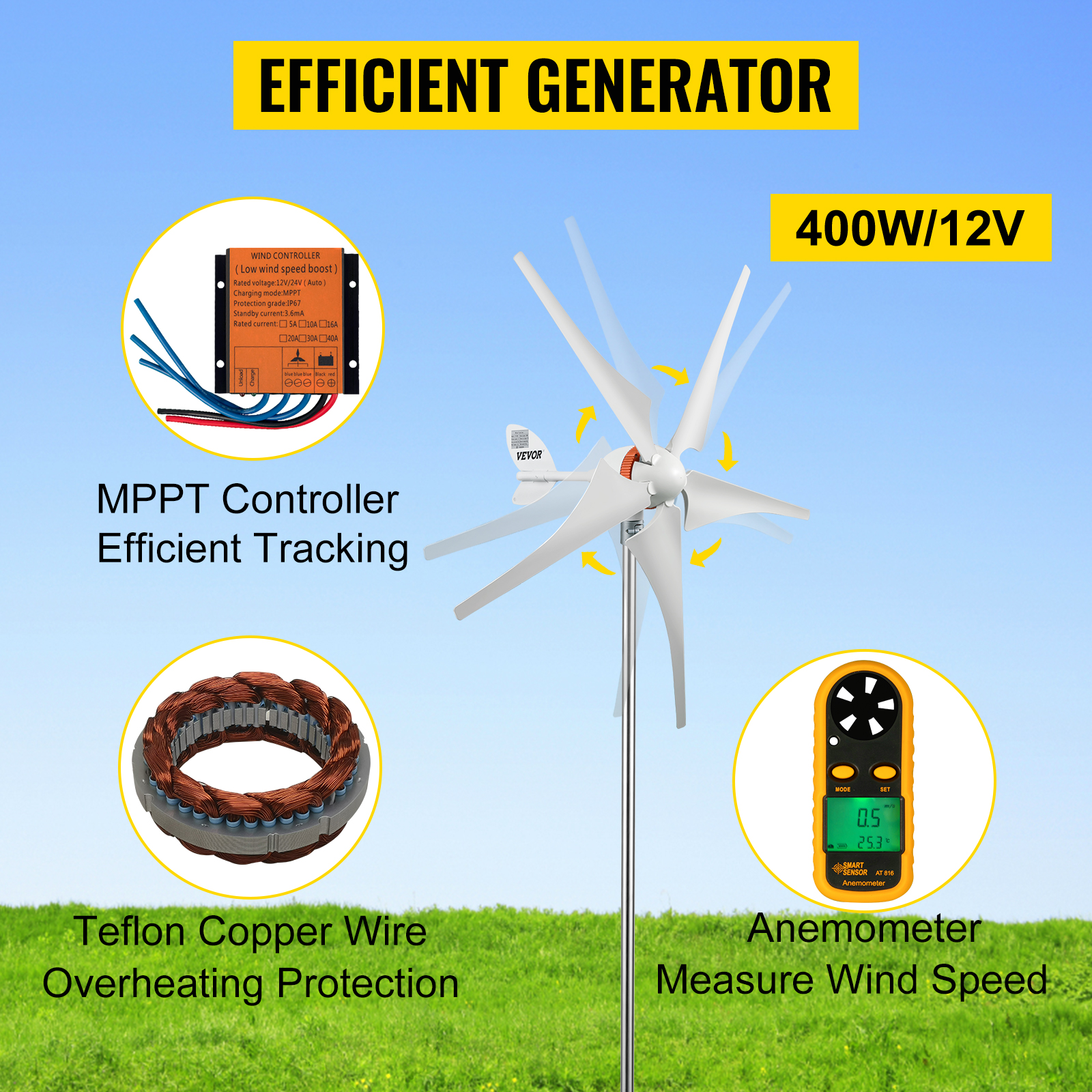 VEVOR vēja turbīnu ģenerators ar MPPT regulatoru, anemometru un vara vadu aizsardzību.