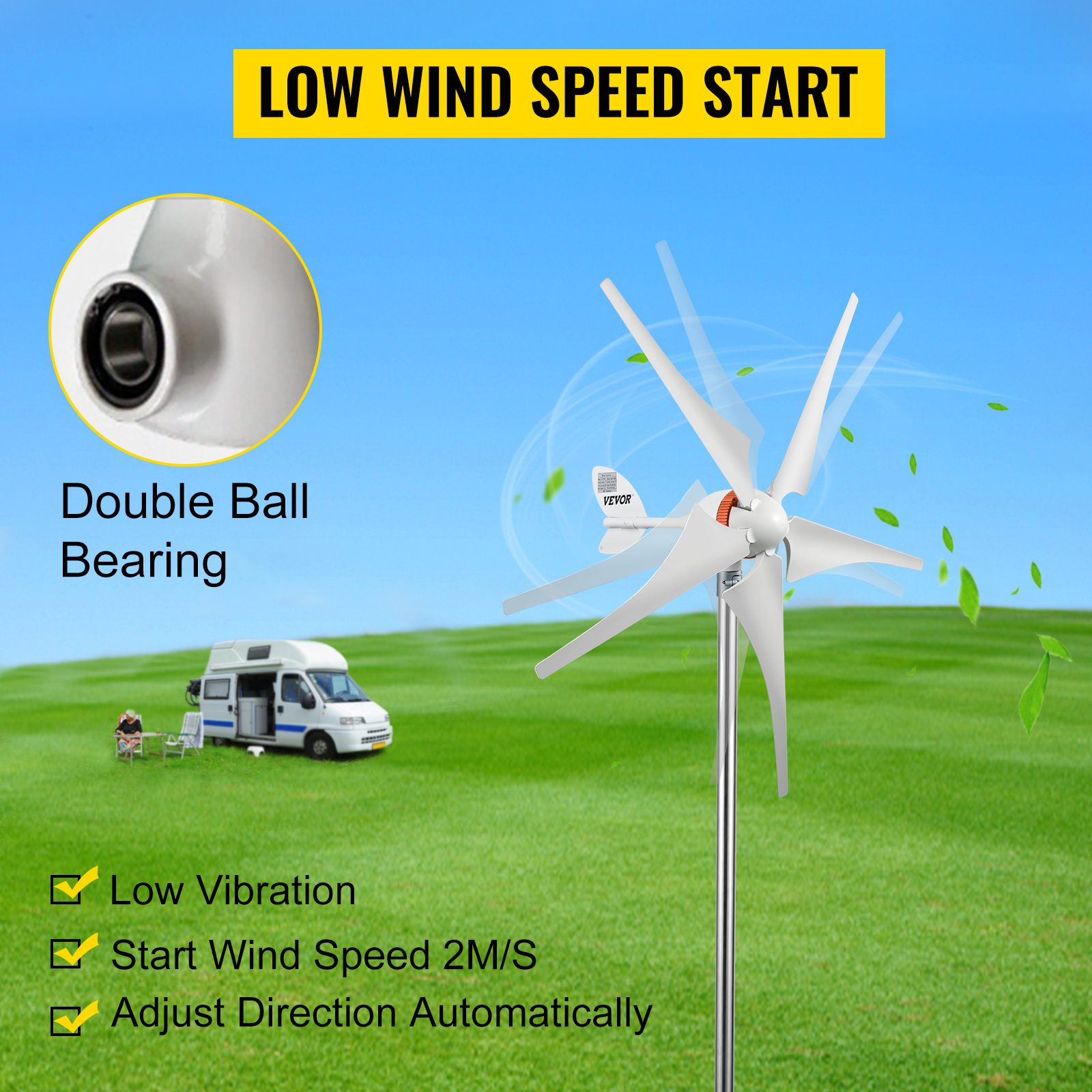 VEVOR vēja turbīnu ģenerators ar dubultu lodīšu gultni zāļainā laukā.
