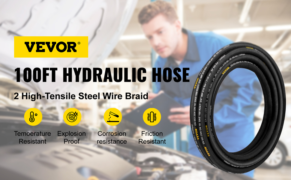 VEVOR hydraulic hose, 100ft, 2 steel wire braid, temperature, explosion, corrosion, friction resistant