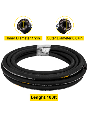VEVOR hydraulic hose, 100ft length, 1/2in inner diameter, 0.87in outer diameter.