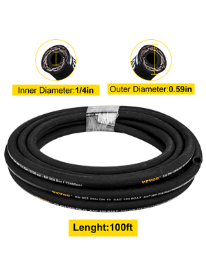 VEVOR hydraulic hose, 1/4 in inner diameter, 0.59 in outer diameter, 100 ft length.