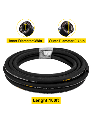VEVOR hydraulic hose, 3/8in inner, 0.75in outer diameter, 100ft length.