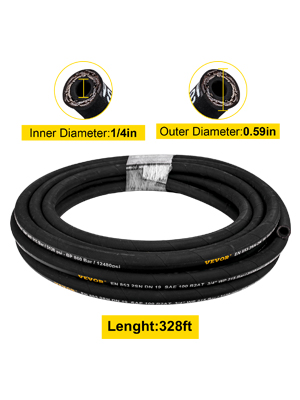 VEVOR hydraulic hose 328ft with 1/4in inner diameter and 0.59in outer diameter.