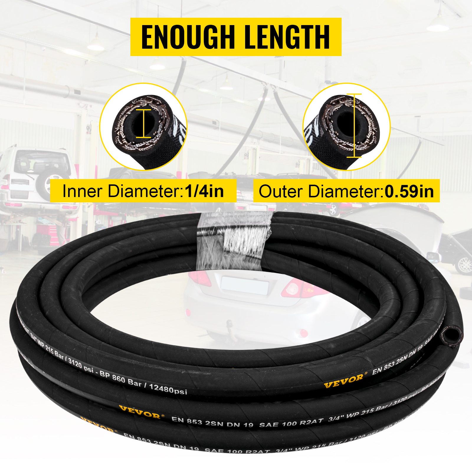 VEVOR hydraulic hose, 1/4in inner diameter, 0.59in outer diameter, coiled in garage.