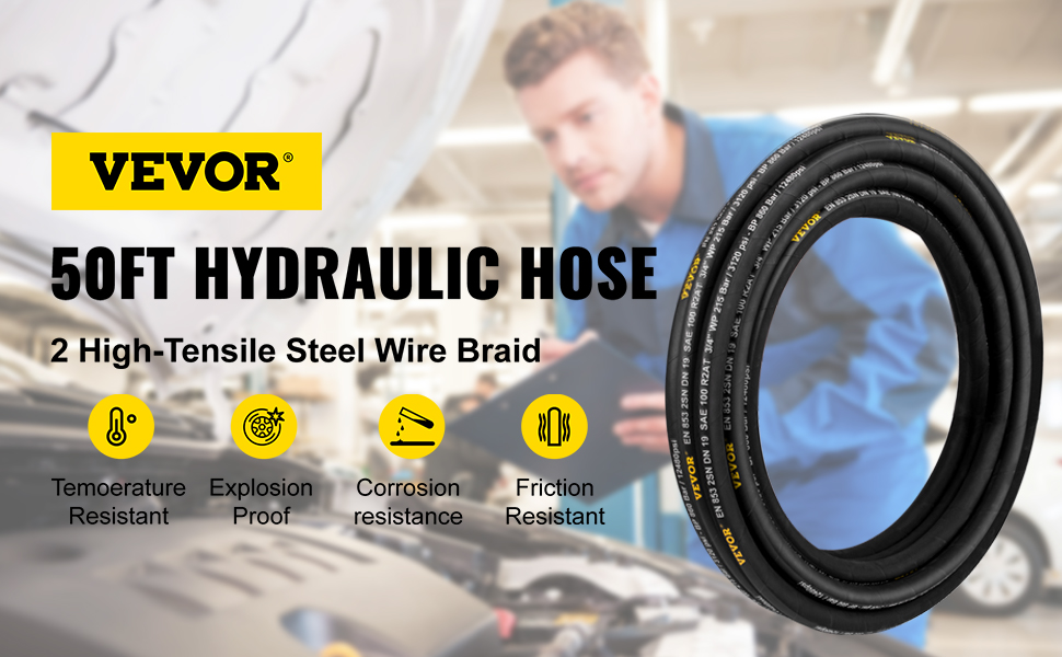 VEVOR 50ft hydraulic hose with steel wire braid, temperature, and explosion proof.
