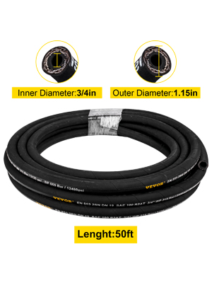 coiled VEVOR hydraulic hose, 50ft length, inner diameter 3/4in, outer diameter 1.15in